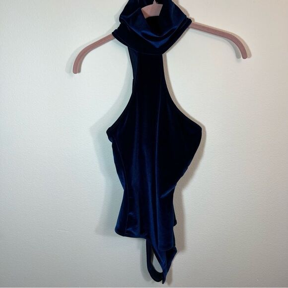 ✨ Alix Nyc Midnight Blue Velvet Asymmetric Mockneck Thong Carmine Bodysuit Small - Picture 3 of 13